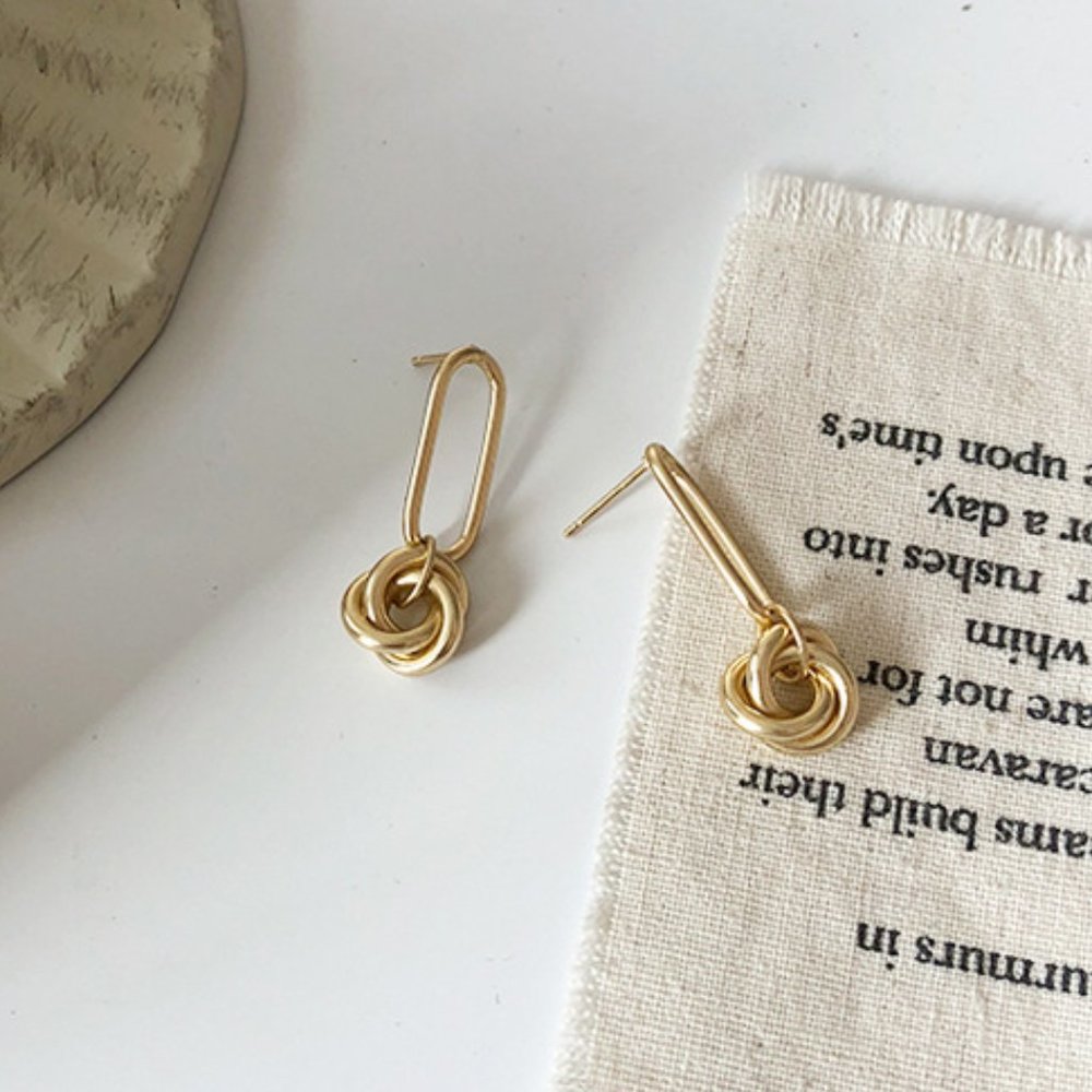 Last one  Matte Gold Geometric Drop Earrings - Picture 4 of 5